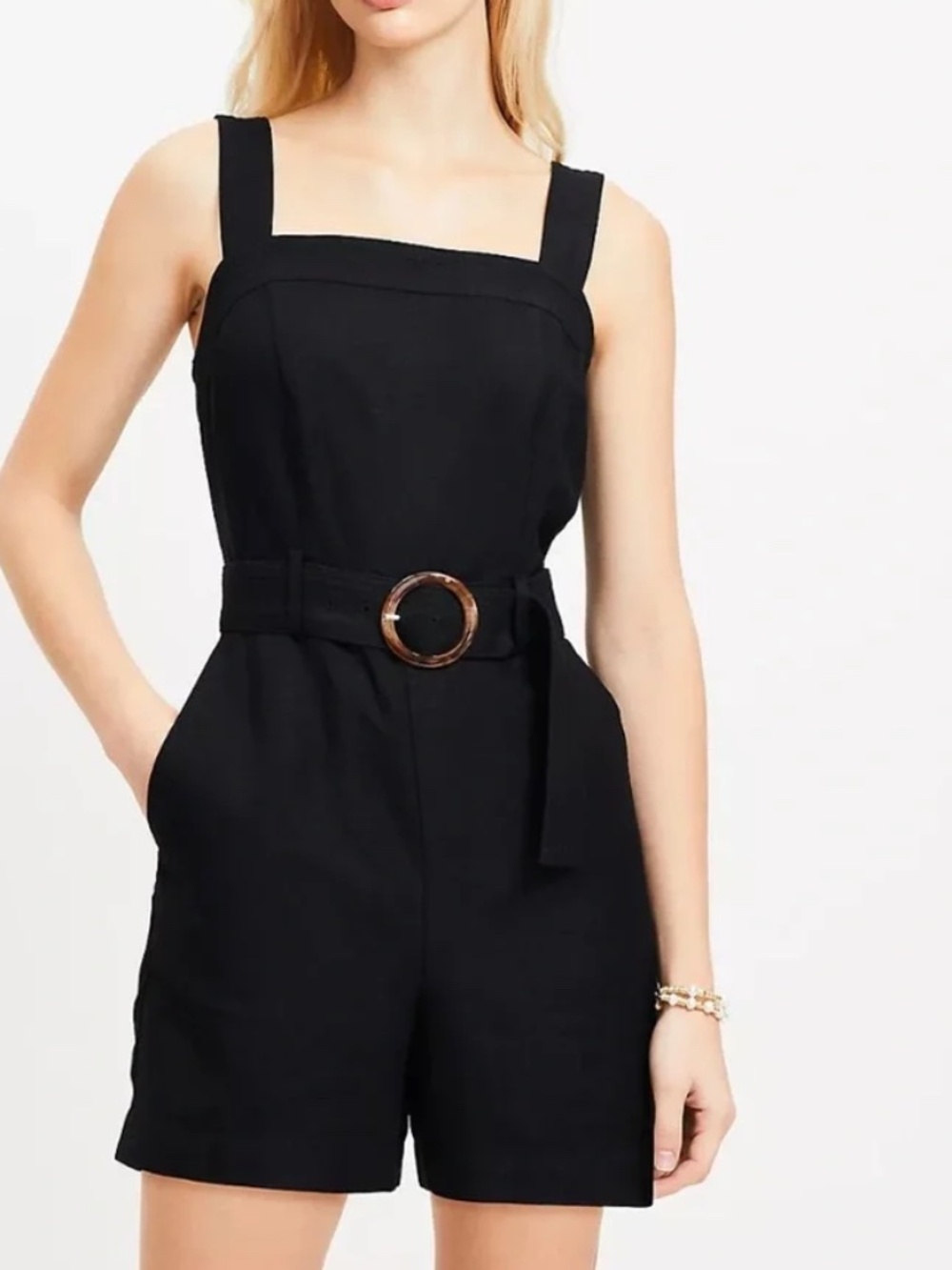 LOFT Belted Linen Blend Strappy Romper Color Black Size 12